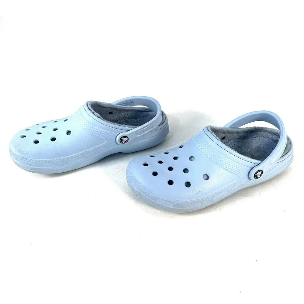 Crocs Classic Lined Mens 9 Womans 11 Faux Fur Slip On Clog Sandal Light Blue